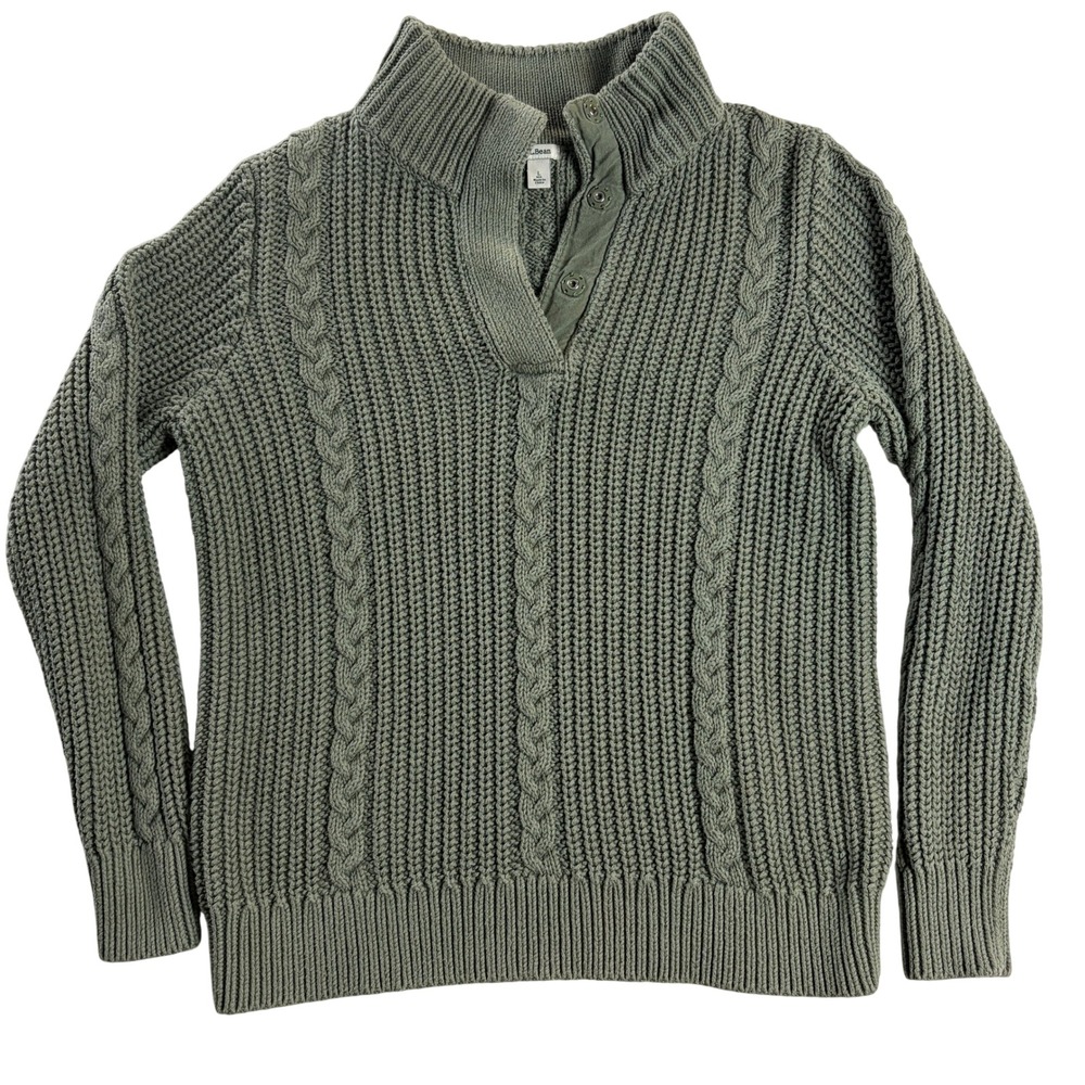 L.L.Bean Womens L Sage Green Cotton Shaker Cable Knit Snap Mockneck Sweater